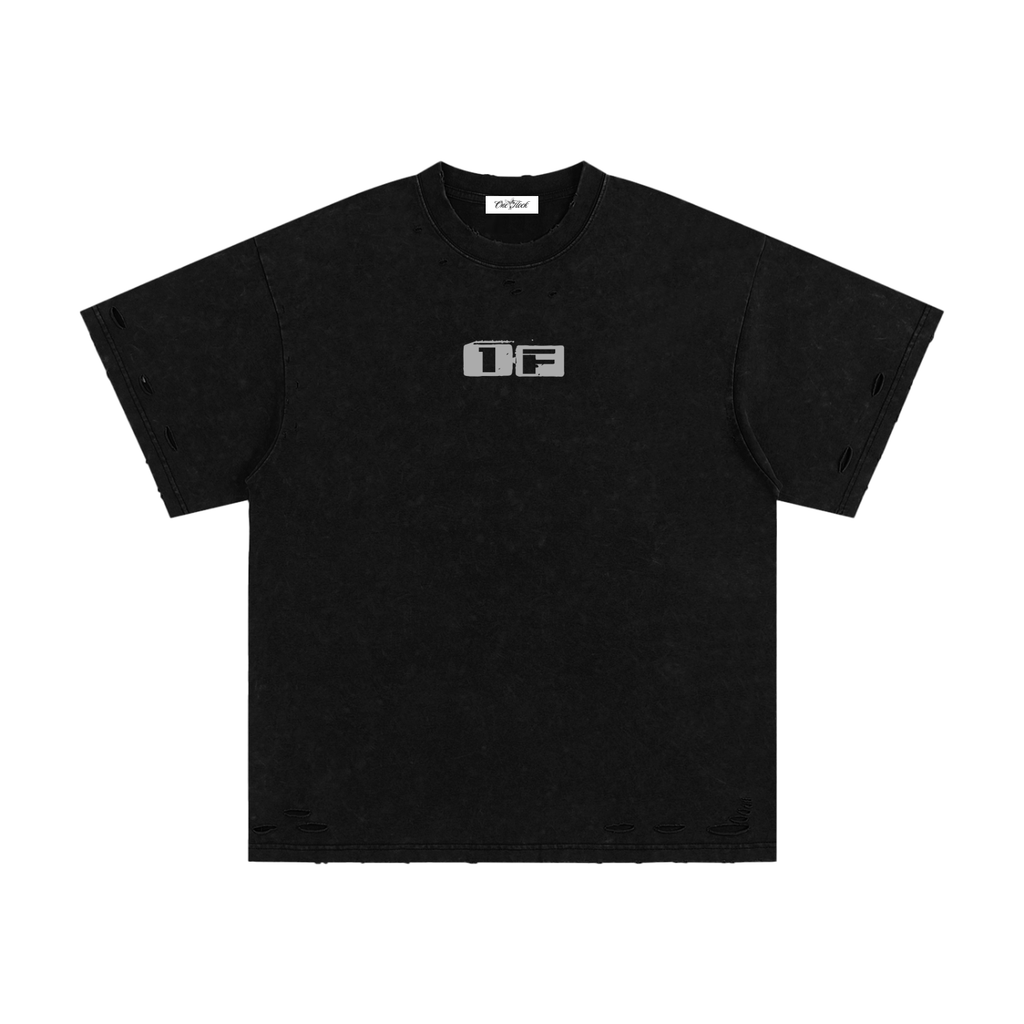 One Flock Snow Washed Hand-Frayed T-Shirt - Black